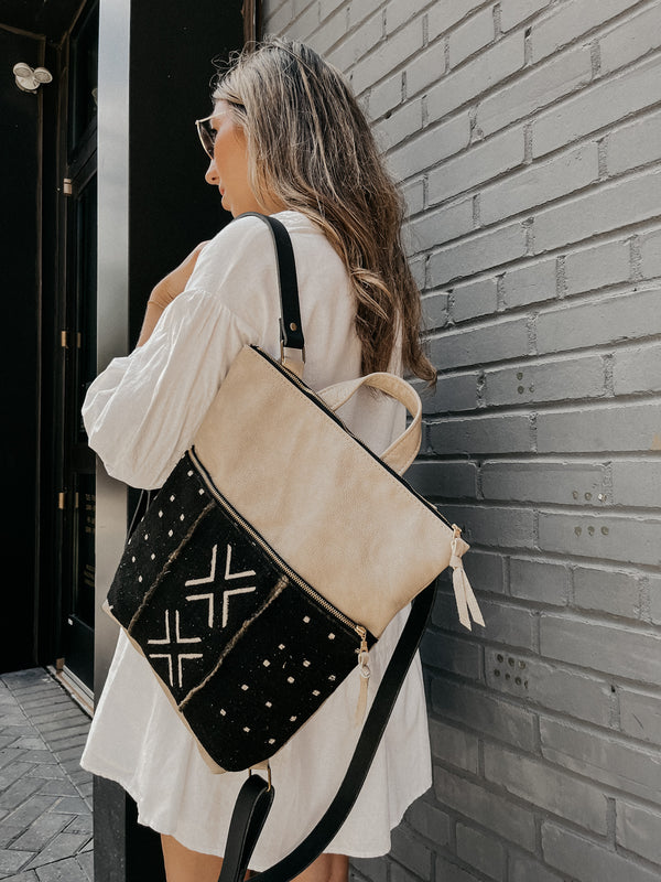 Janis Leather Backpack - Almond/Black Mudcloth