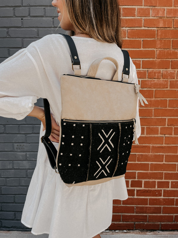 Janis Leather Backpack - Almond/Black Mudcloth