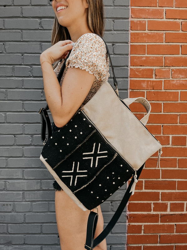 Janis Leather Backpack - Almond/Black Mudcloth