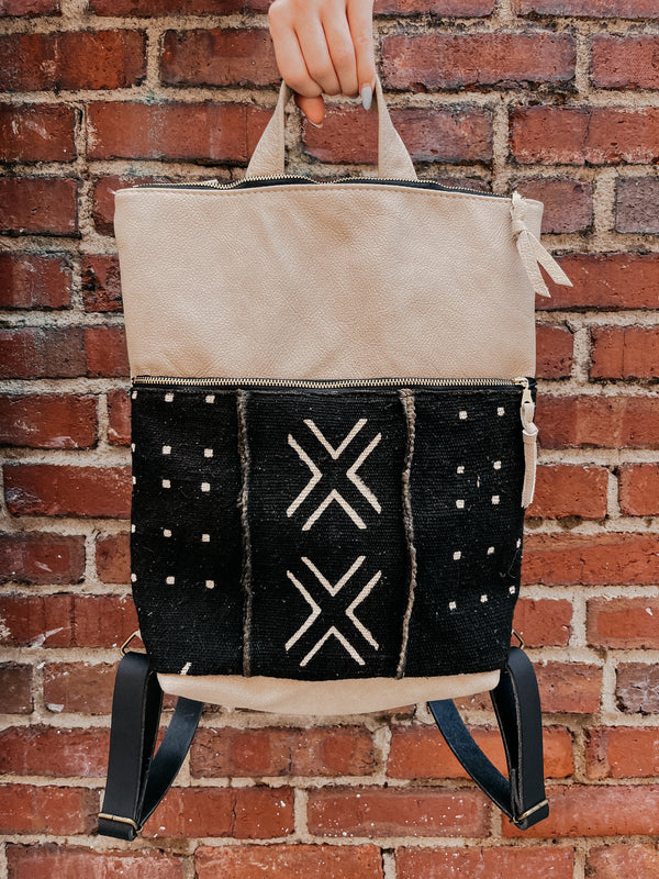 Janis Leather Backpack - Almond/Black Mudcloth