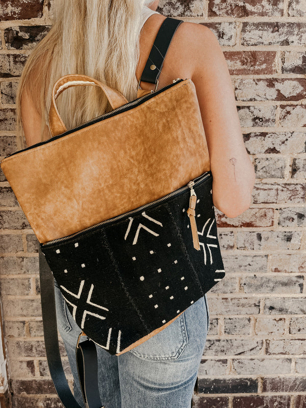 Janis Leather Backpack - Caramel/Black Mudcloth
