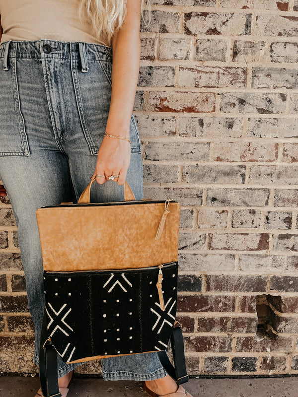 Janis Leather Backpack - Caramel/Black Mudcloth