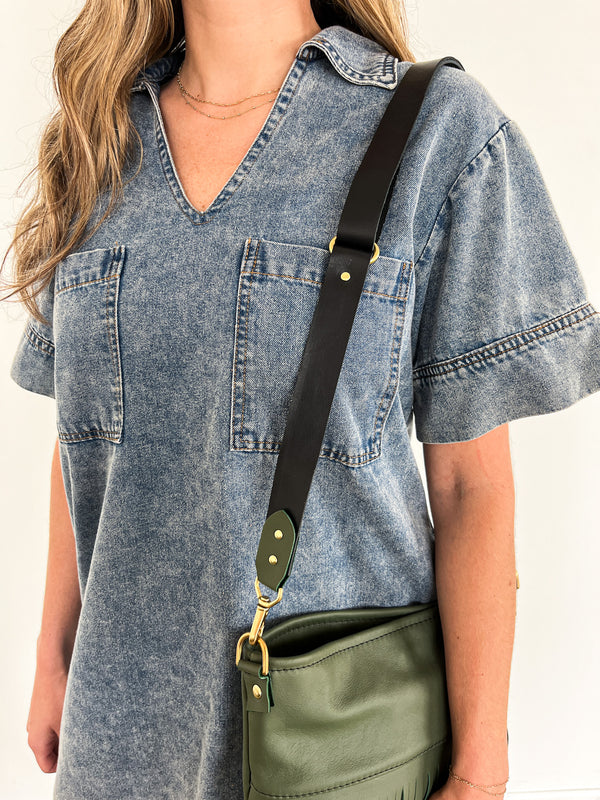 Leather Bag Strap, Adjustable - Black