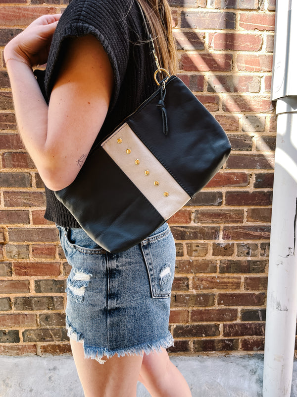 Alanis Leather Rivet Bag - Black/Snow