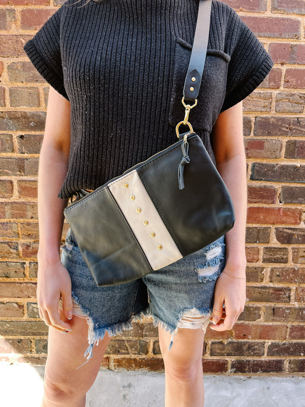 Alanis Leather Rivet Bag - Black/Snow