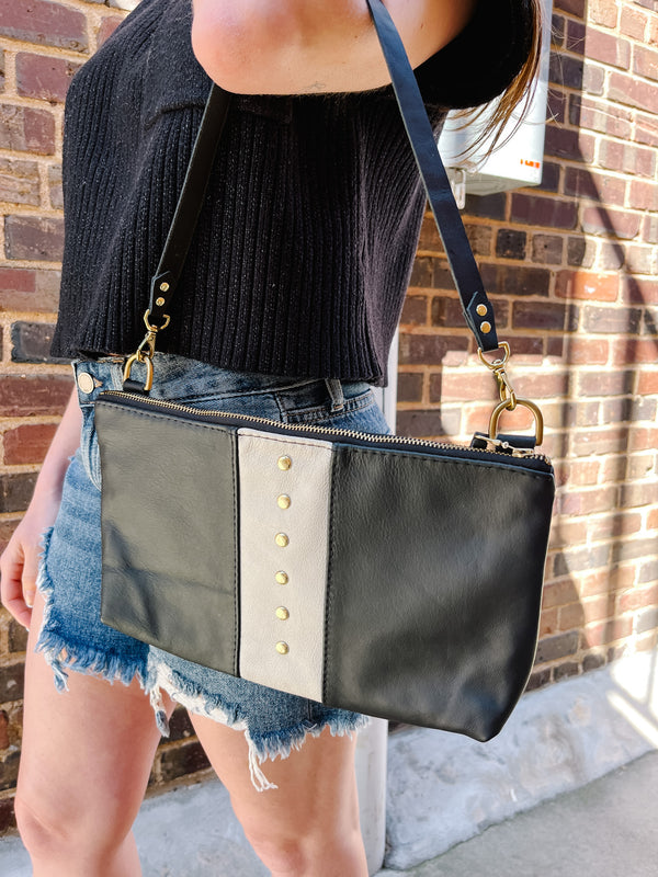 Alanis Leather Rivet Bag - Black/Snow