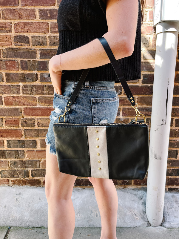 Alanis Leather Rivet Bag - Black/Snow
