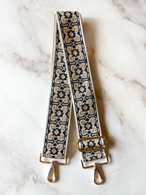 Bag Strap - Navy/Tan Block Print 2"