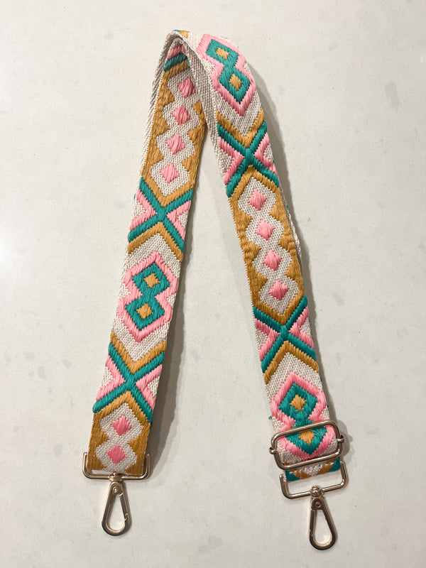 Bag Strap - Pink + Teal Embroidered 1.5"