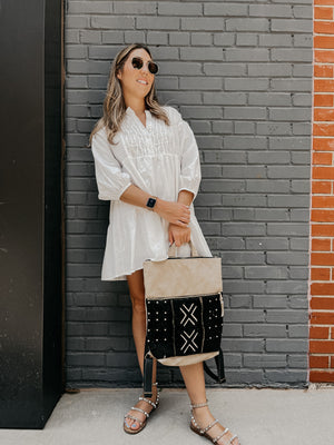 Janis Leather Backpack - Almond/Black Mudcloth