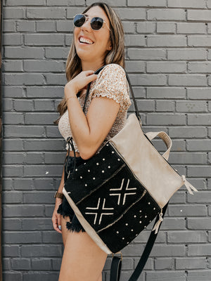 Janis Leather Backpack - Almond/Black Mudcloth