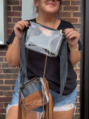 Stevie Fringe Clear Stadium Bag w/Chain Strap, Brown