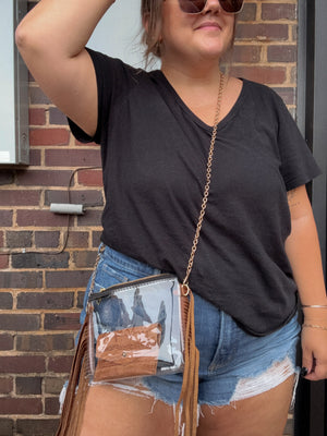 Stevie Fringe Clear Stadium Bag w/Chain Strap, Brown