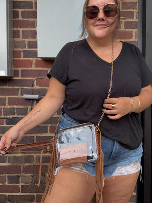 Stevie Fringe Clear Stadium Bag w/Chain Strap, Brown